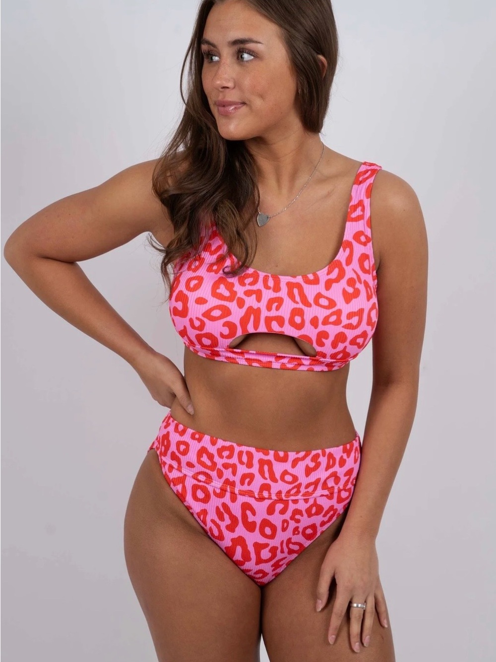 NEW Blushing Brunette Pink Leopard Cutout Bikini Top & High Waist Bottoms Medium